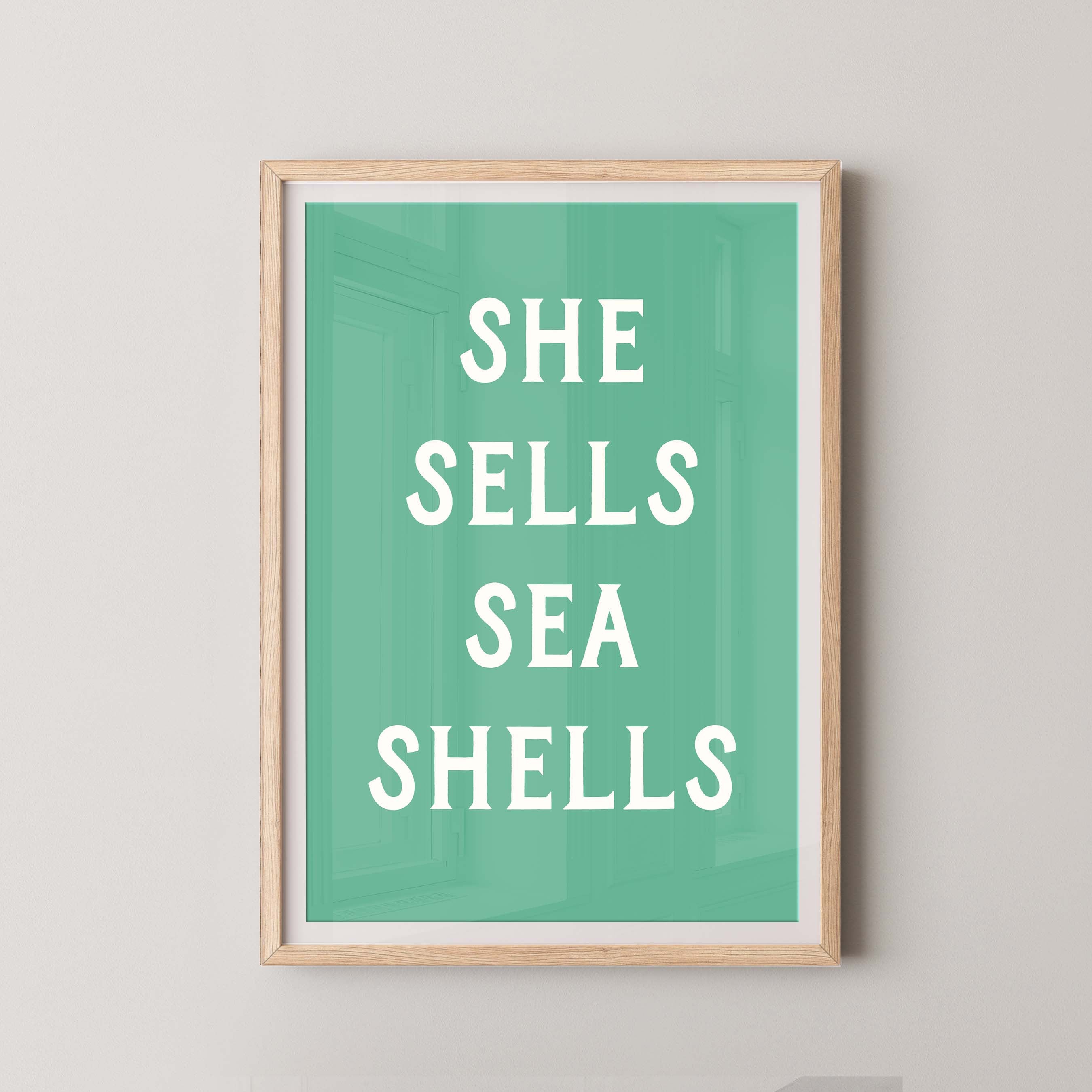 Green-themed seashell sales artwork.