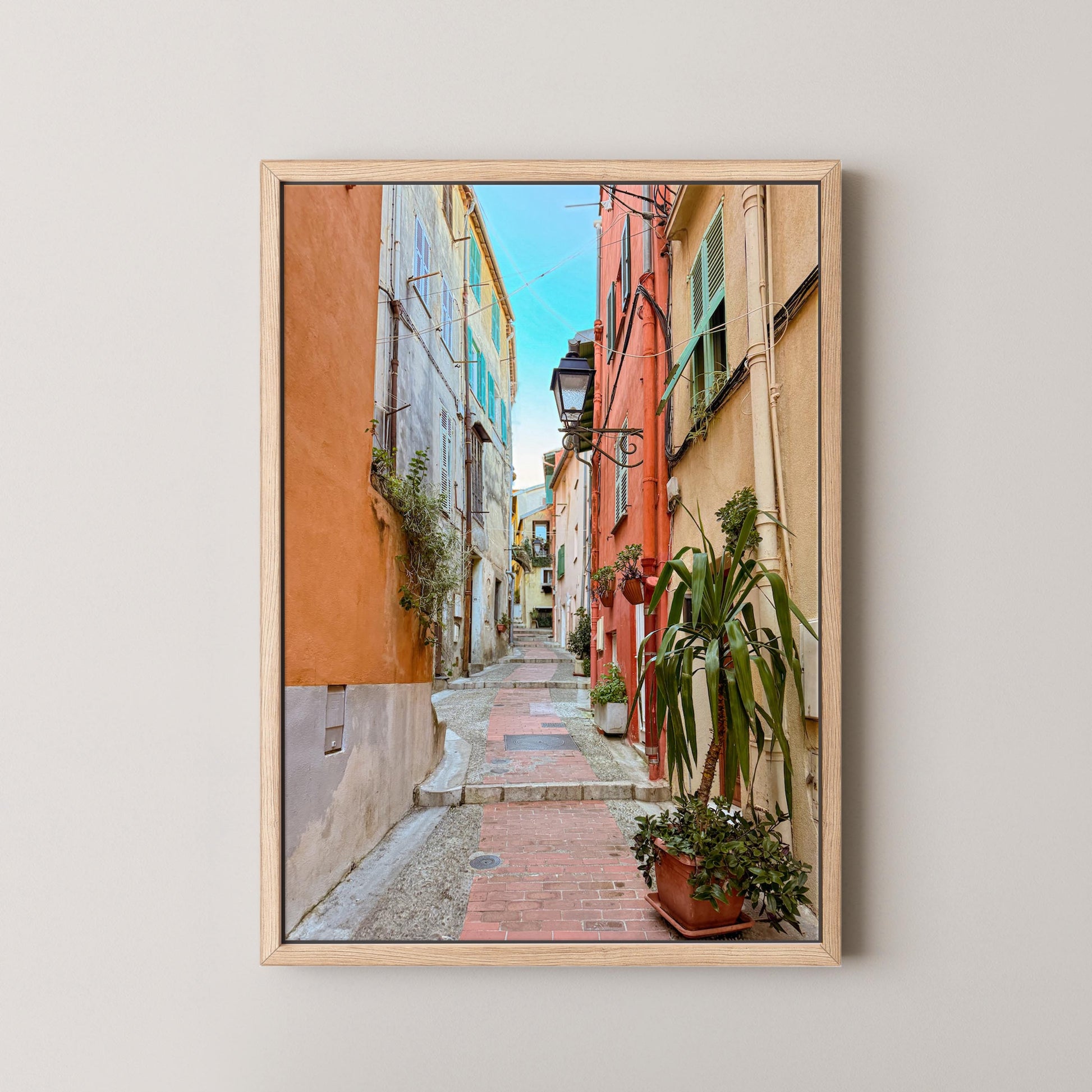 Framed photograph of a narrow street with colorful buildings and potted plants on a white wall.