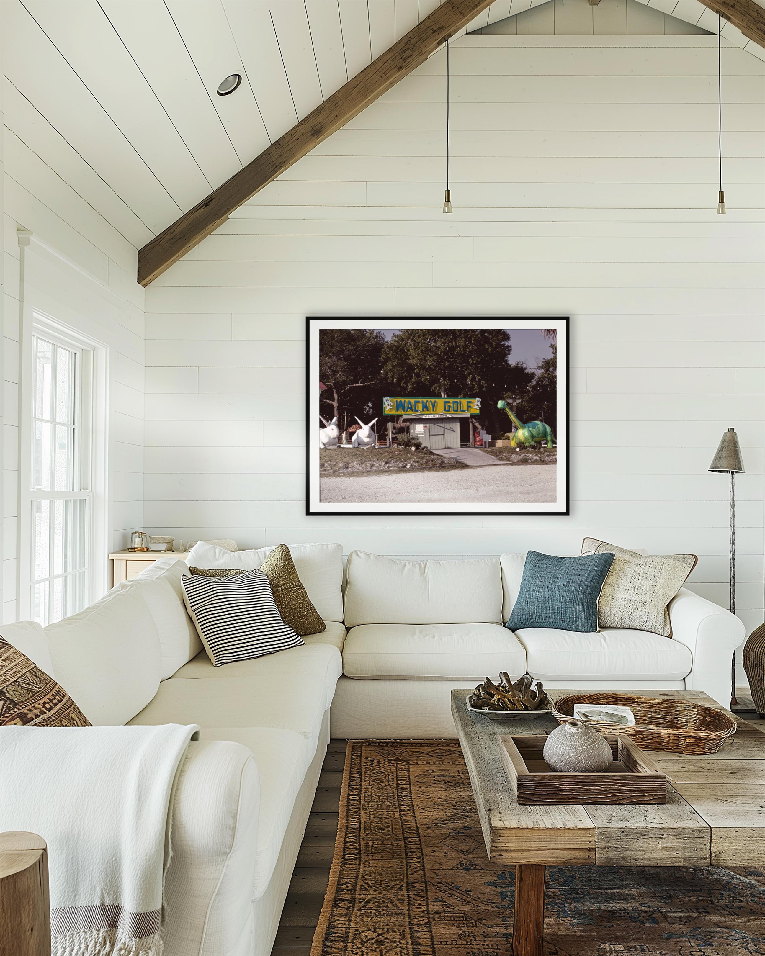 Living room with white sofa, wooden coffee table, and framed picture on the wall.