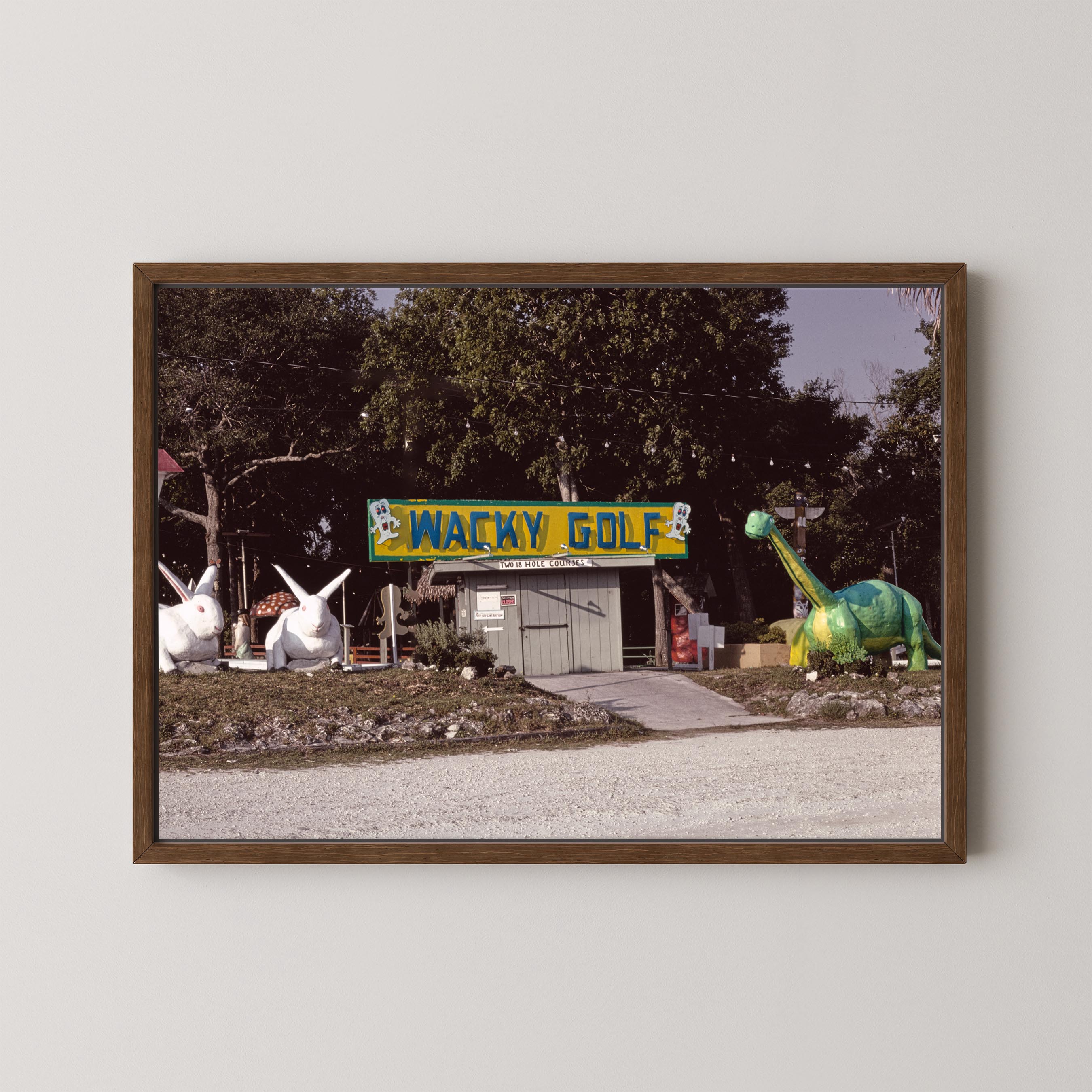 Framed photograph of a Wacky Golf sign with cartoonish sculptures on a white wall.